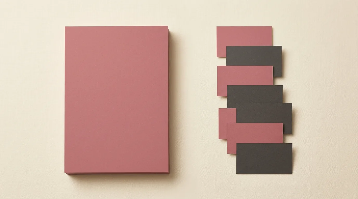 Geometrische Papier-Komposition: eine große Karte gegenüber sieben kleineren Karten als Sinnbild für Festpreis und Einzelabrechnung.