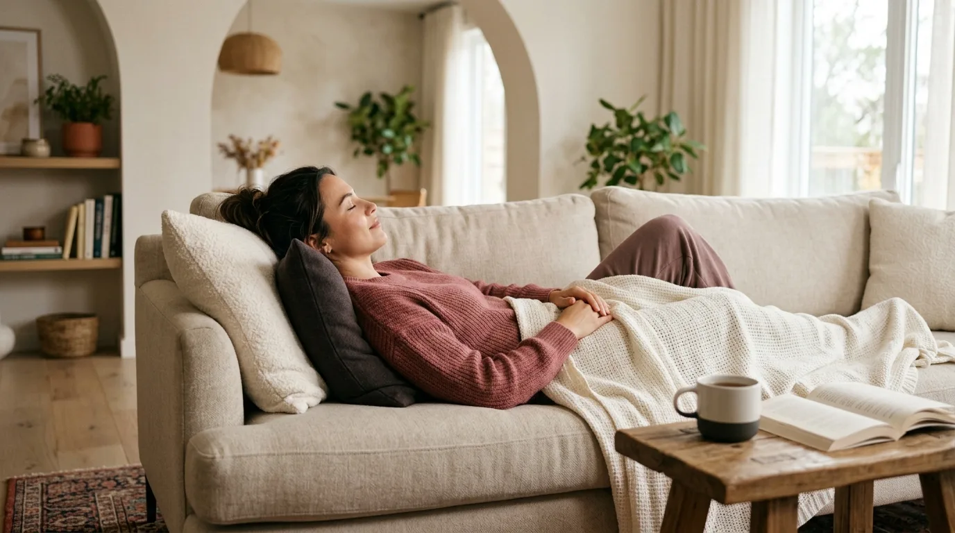 Frau ruht entspannt auf einem Sofa mit Decke als Sinnbild für die Erholungsphase nach der Brustvergrößerung.