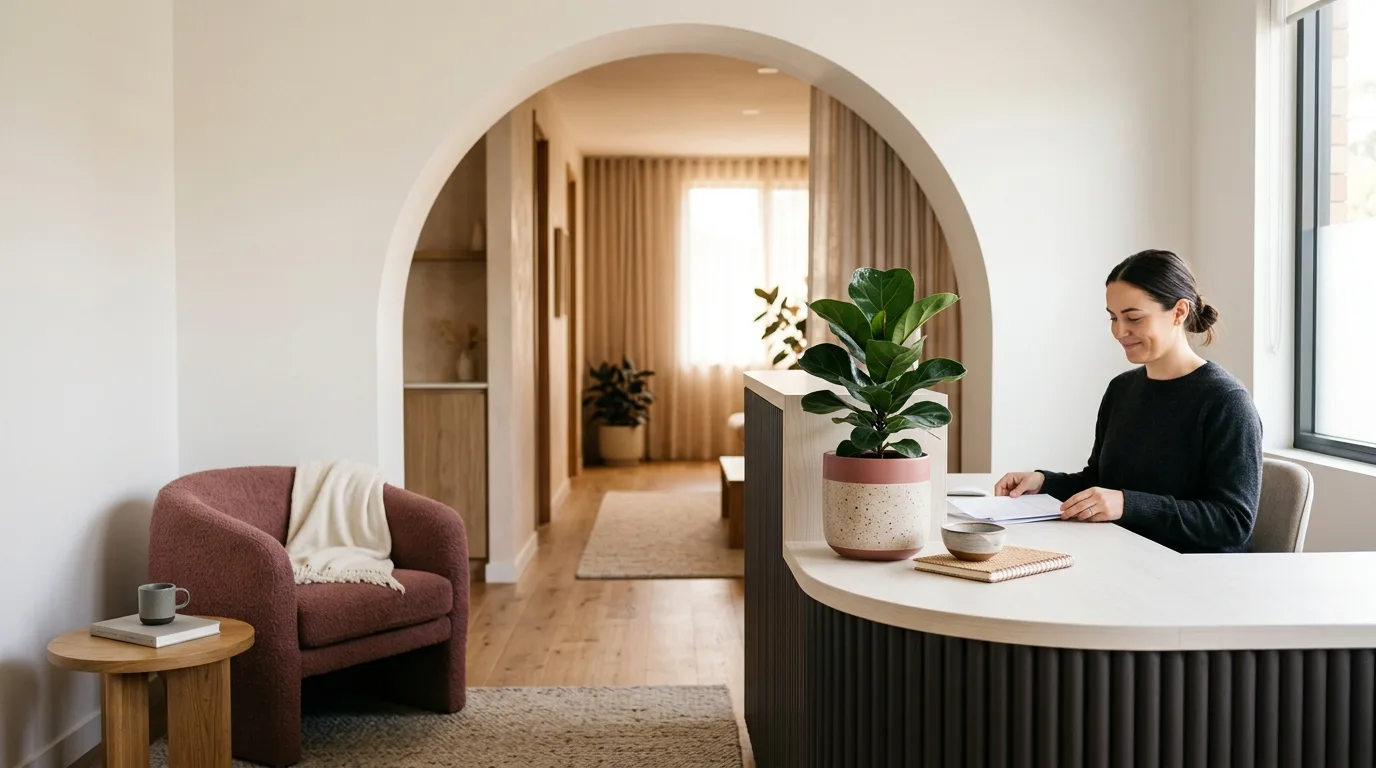 Moderne, warme Praxisumgebung als Sinnbild für Klinikstandards bei einer Brustvergrößerung.