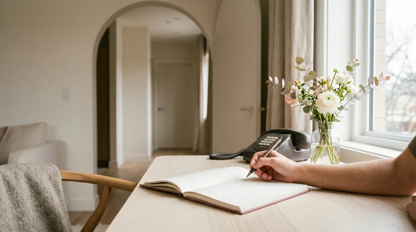 Ruhige Planungsszene mit Kalender und Stift als Sinnbild für den zeitlichen Ablauf einer Implantat-OP.